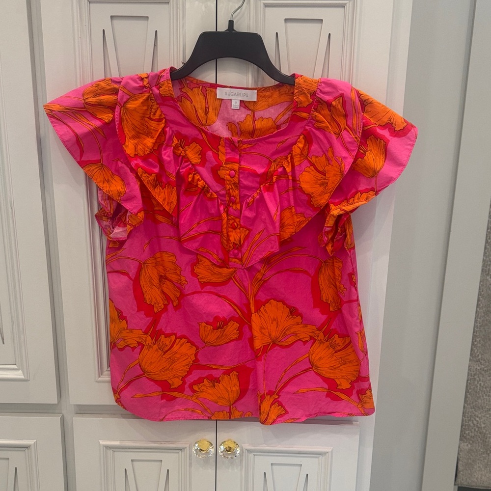 Sugarlips women’s Hot Pink Top with Orange Floral Ruffle Detail